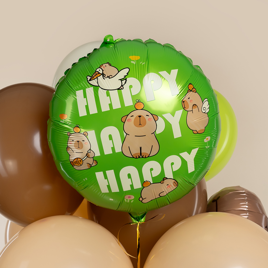 Шар (18''/46 см) Круг, Капибары, Happy Birthday, 1 шт. в уп. (цв.этик.)